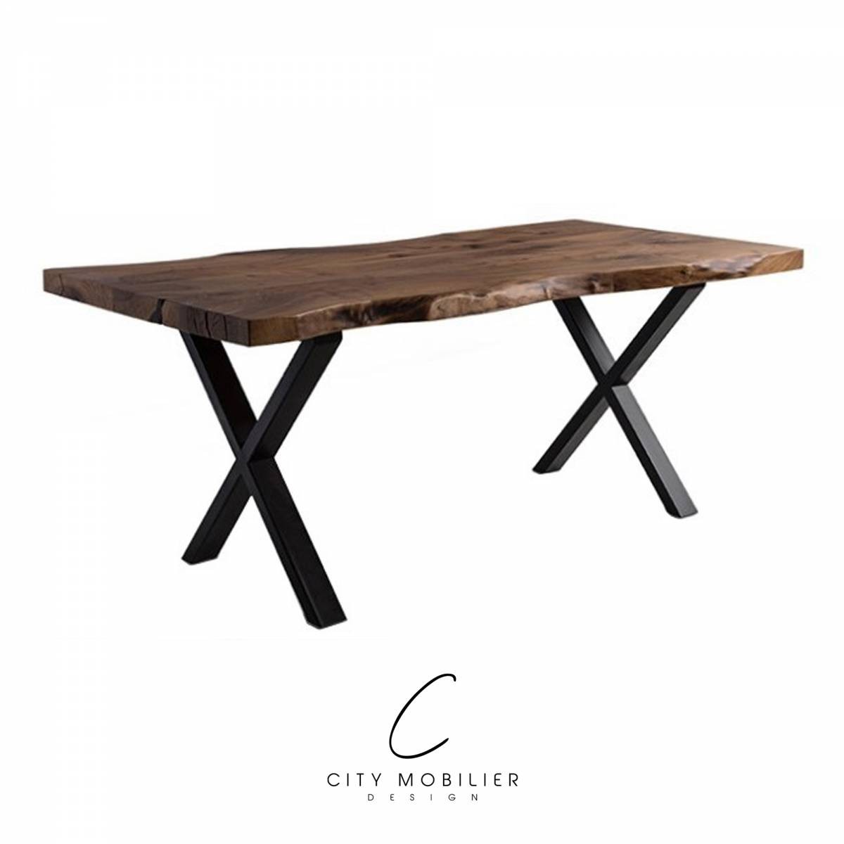 Table CHR de style industriel en bois et pieds en X : CLAUDEL